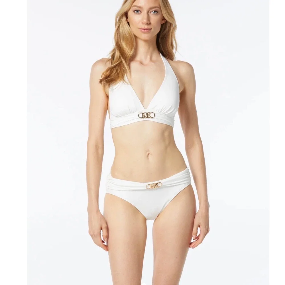 Michael Kors Halter Bikini‎ Top White Gold MK Logo Hardware MM7M161 XL NEW